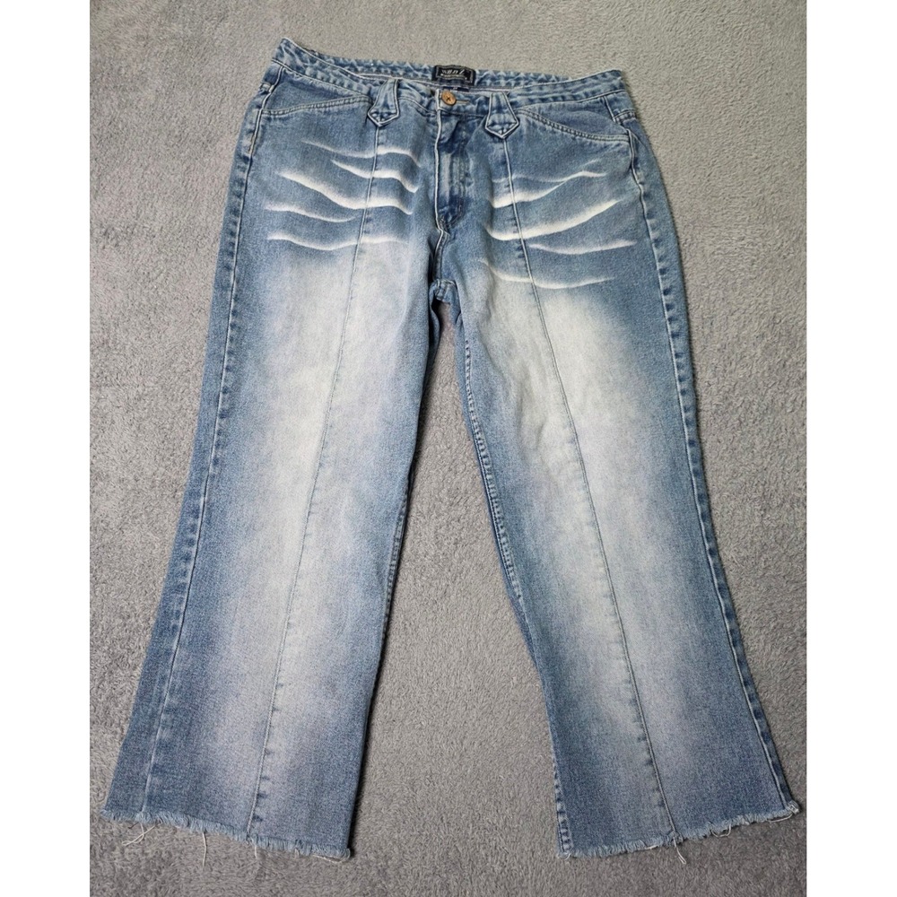 Wild Z Womens 20 Cropped Wide Leg Jeans Light Blue Seamed Whiskered Frayed Hem
